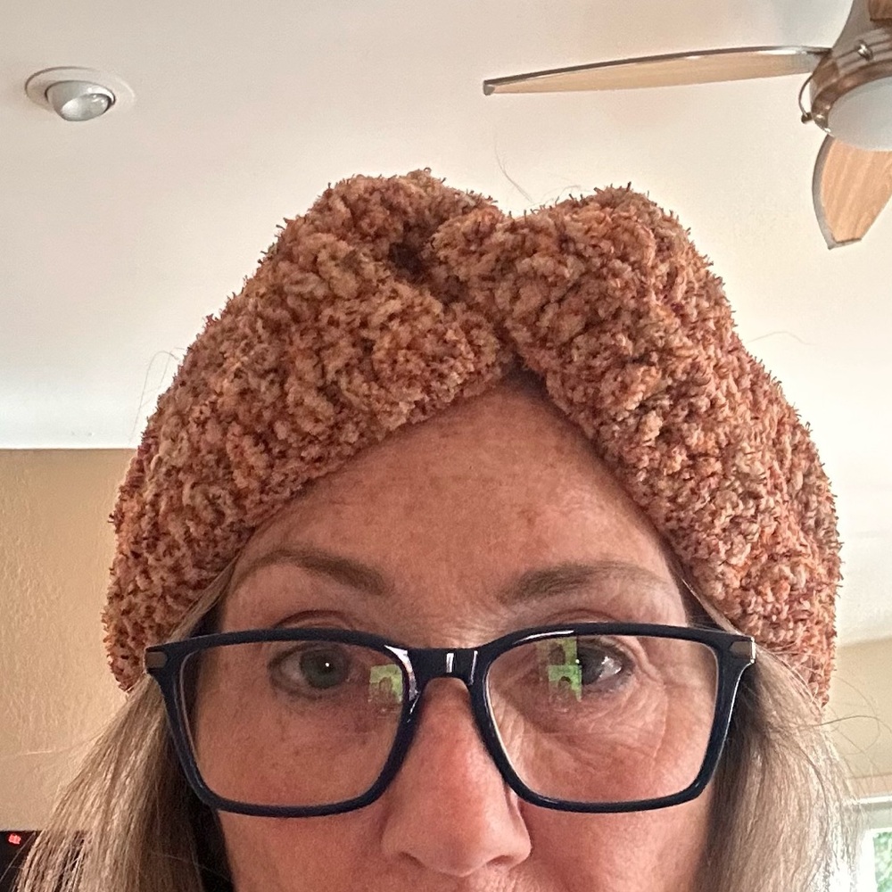 Handcrafted thick crocheted orange and tan headband ear warmer